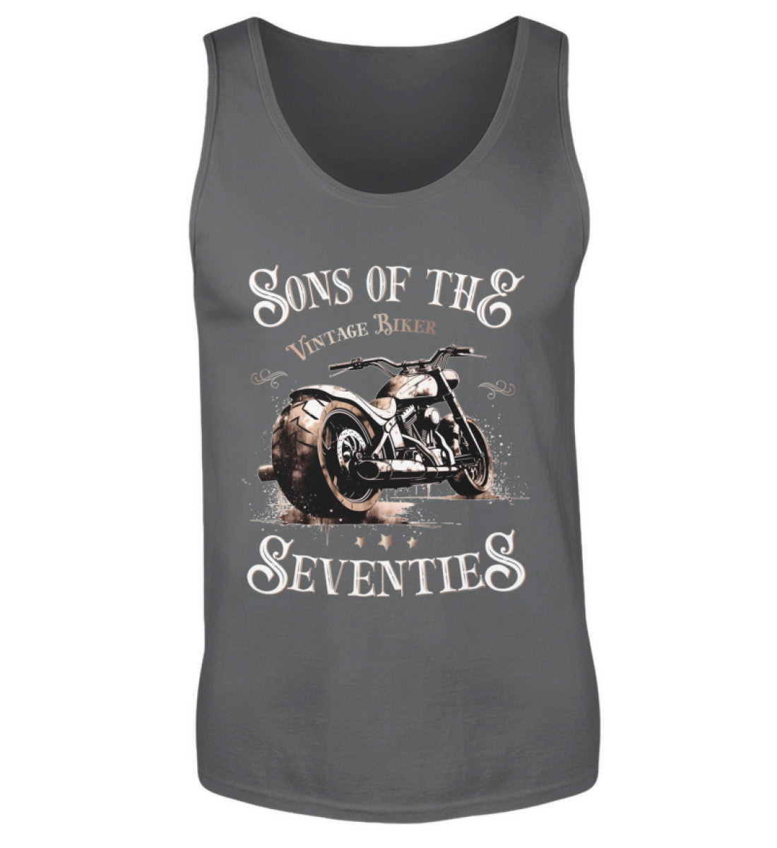 Ein Tanktop für Motorradfahrer von Wingbikers mit dem Aufdruck, Sons of the Seventies - Vintage Biker, in dunkelgrau