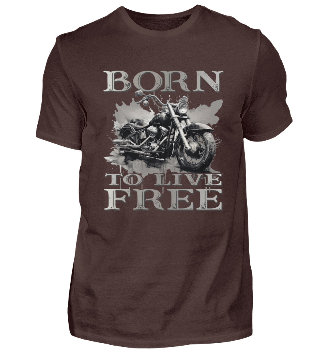 Ein Biker T-Shirt für Motorradfahrer von Wingbikers mit dem Aufdruck, Born to Live Free, in braun.