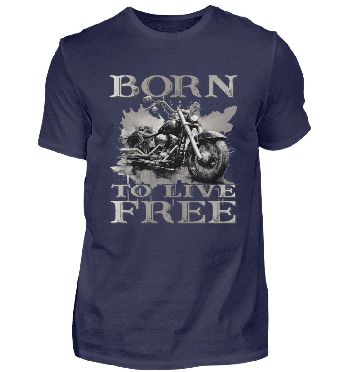 Ein Biker T-Shirt für Motorradfahrer von Wingbikers mit dem Aufdruck, Born to Live Free, in navy blau.