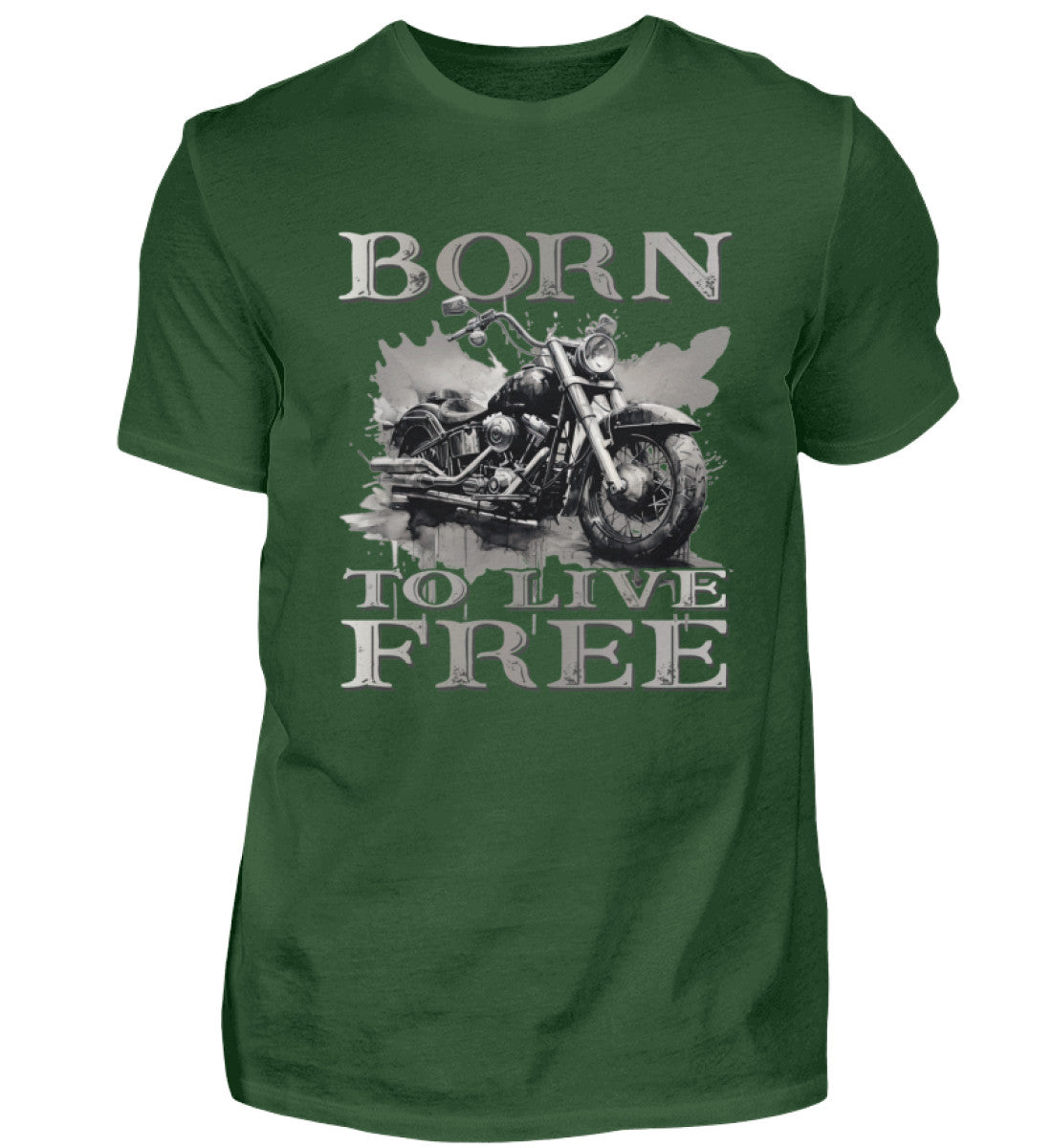 Ein Biker T-Shirt für Motorradfahrer von Wingbikers mit dem Aufdruck, Born to Live Free, in dunkelgrün.