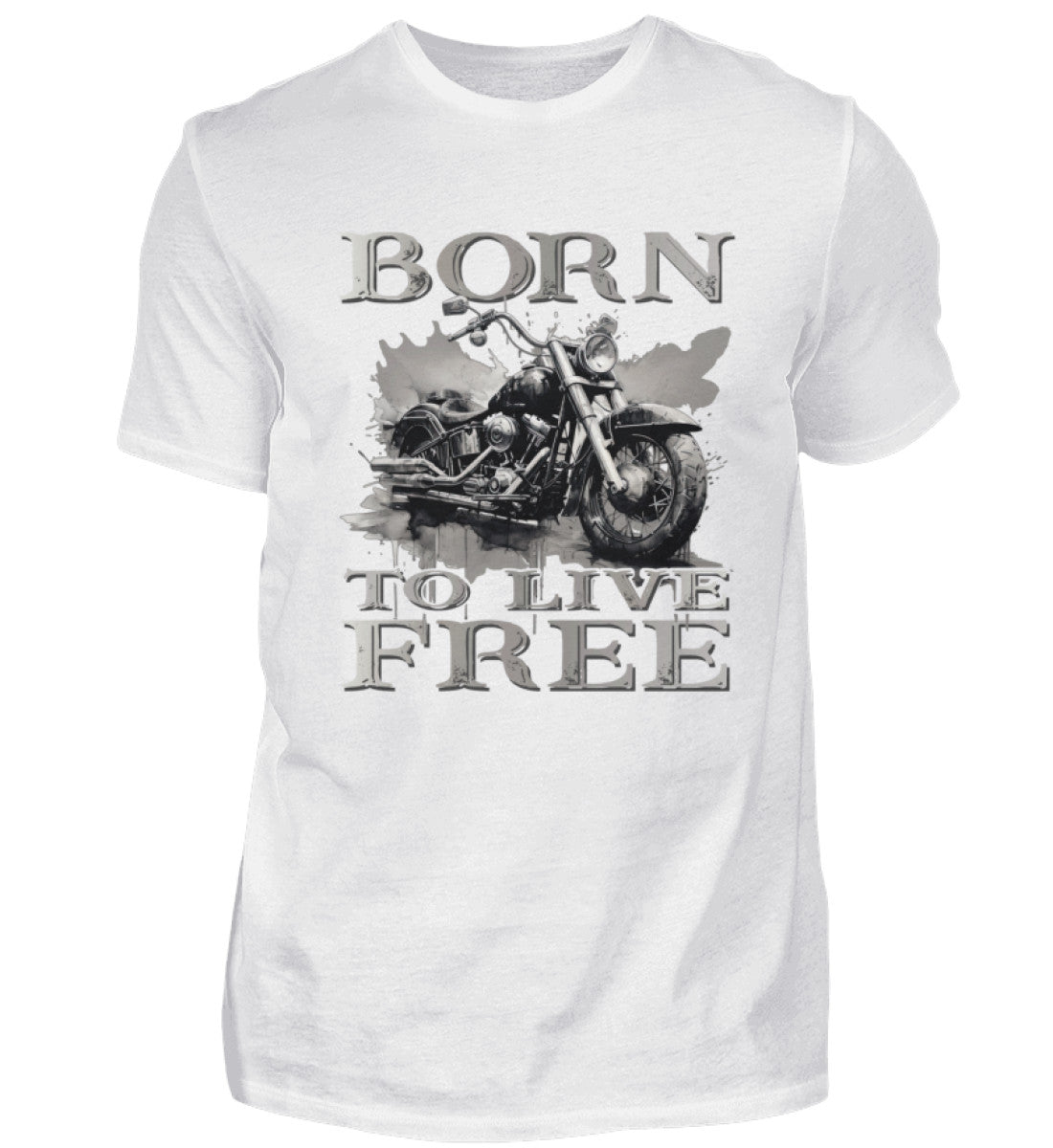 Ein Biker T-Shirt für Motorradfahrer von Wingbikers mit dem Aufdruck, Born to Live Free, in weiß.