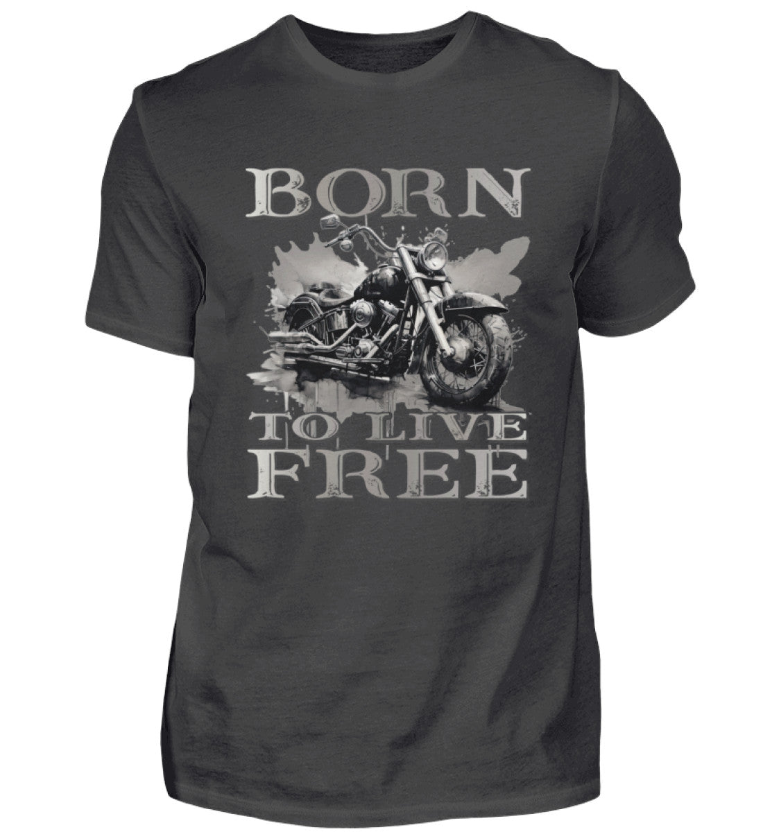 Ein Biker T-Shirt für Motorradfahrer von Wingbikers mit dem Aufdruck, Born to Live Free, in dunkelgrau.