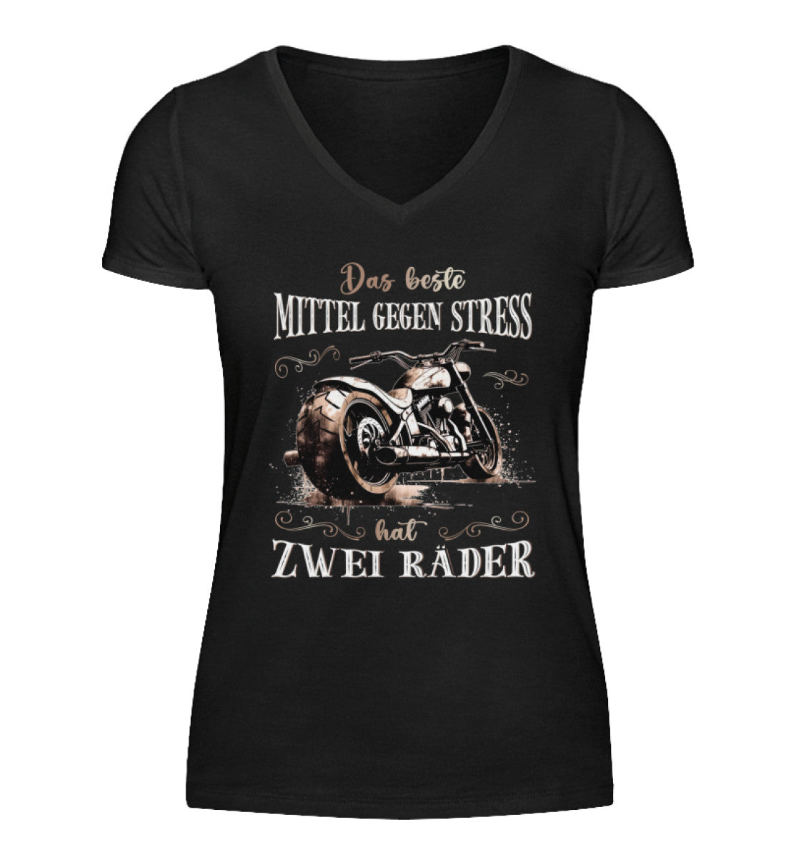 Ein T-Shirt mit V-Ausschnitt für Motorradfahrerinnen von Wingbikers mit dem Aufdruck, Das beste Mittel gegen Stress hat 2 Räder, in schwarz.