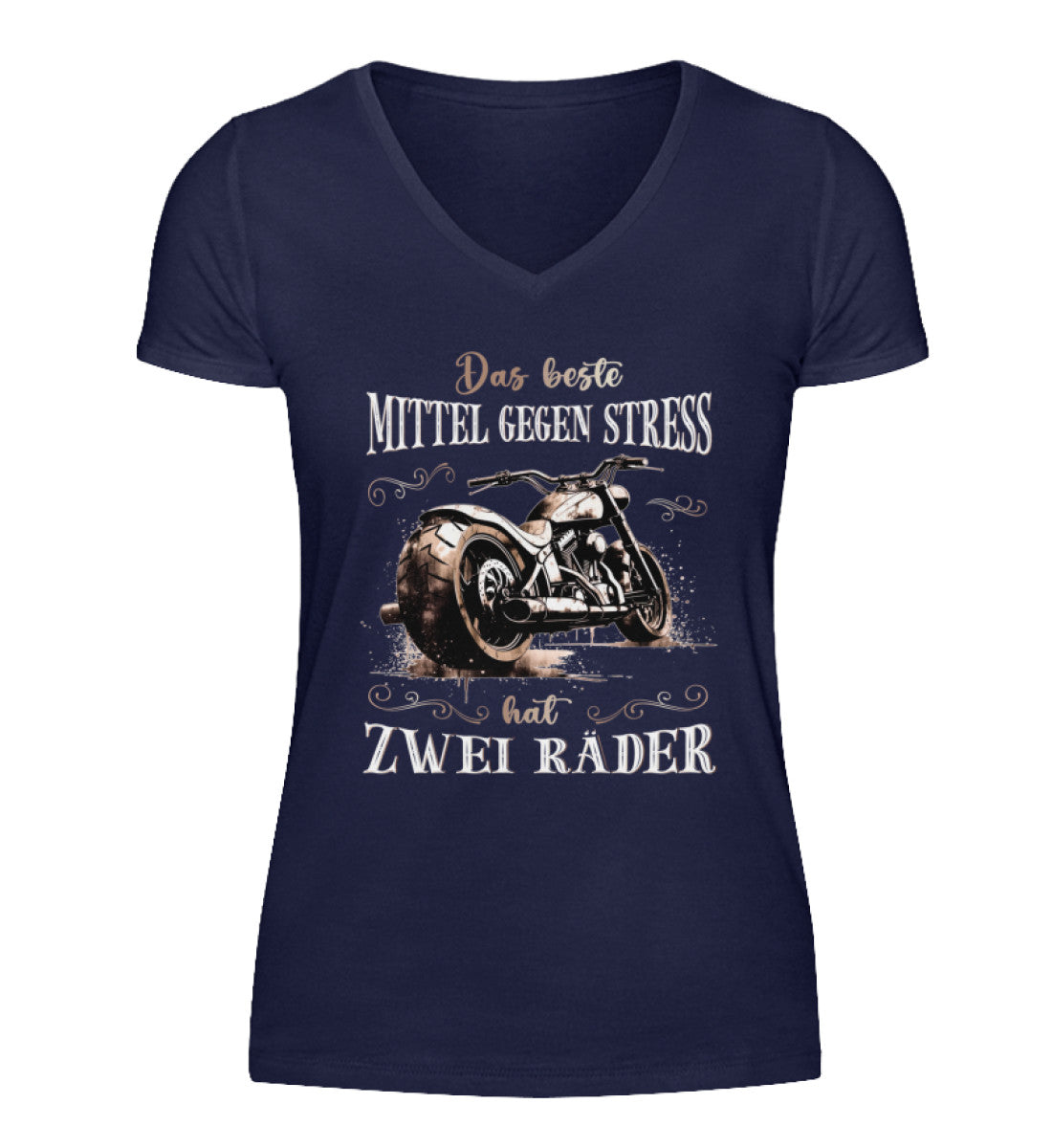 Ein T-Shirt mit V-Ausschnitt für Motorradfahrerinnen von Wingbikers mit dem Aufdruck, Das beste Mittel gegen Stress hat 2 Räder, in navy blau.
