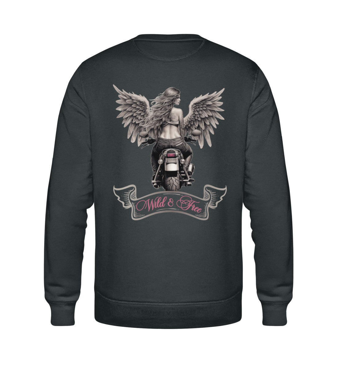 Ein Bikerin Sweatshirt für Motorradfahrerinnen von Wingbikers mit dem Aufdruck, Wild & Free mit Flügeln, als Back Print, in dunkelgrau.