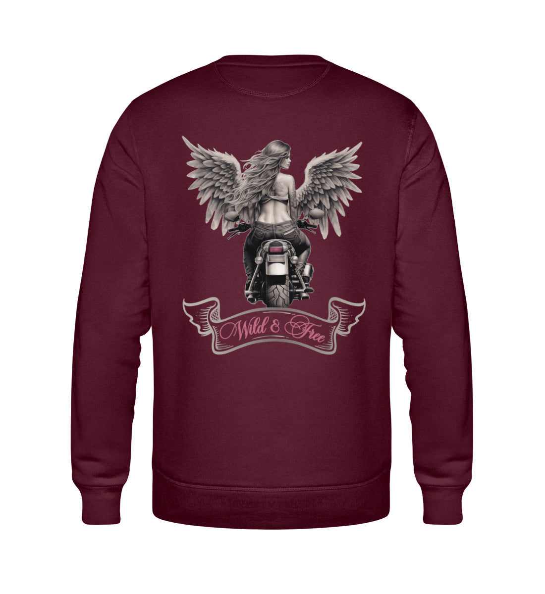 Ein Bikerin Sweatshirt für Motorradfahrerinnen von Wingbikers mit dem Aufdruck, Wild & Free mit Flügeln, als Back Print, in burgunder weinrot.