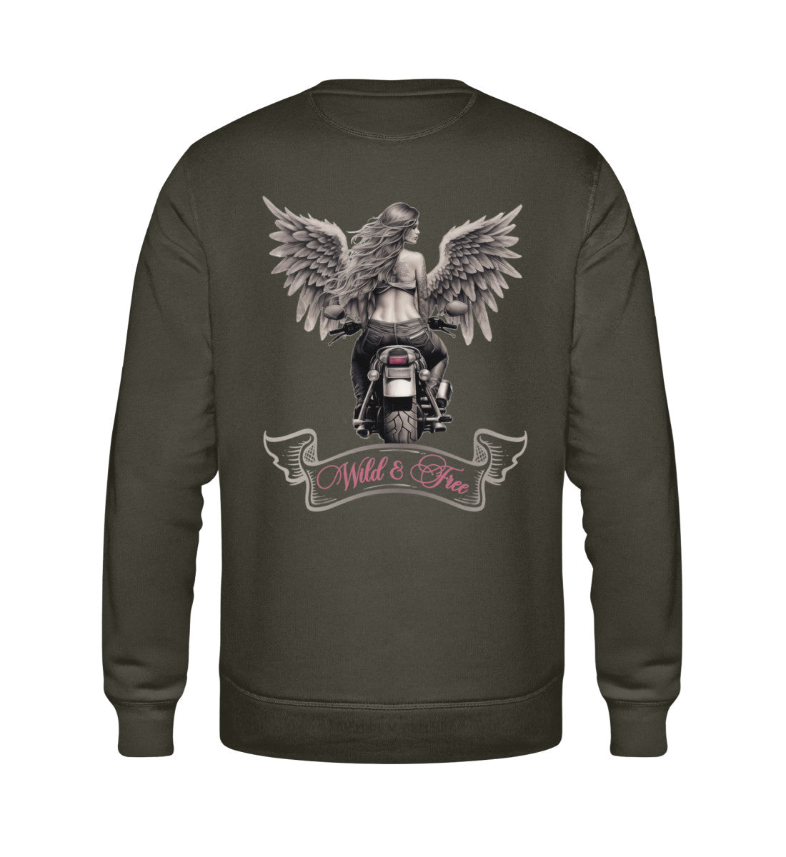 Ein Bikerin Sweatshirt für Motorradfahrerinnen von Wingbikers mit dem Aufdruck, Wild & Free mit Flügeln, als Back Print, in khaki grün.