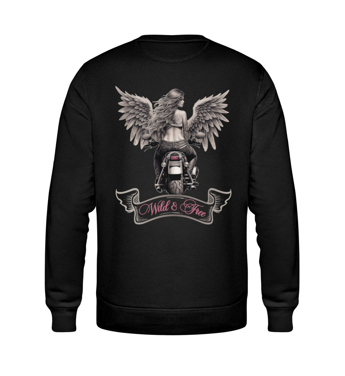 Ein Bikerin Sweatshirt für Motorradfahrerinnen von Wingbikers mit dem Aufdruck, Wild & Free mit Flügeln, als Back Print, in schwarz.