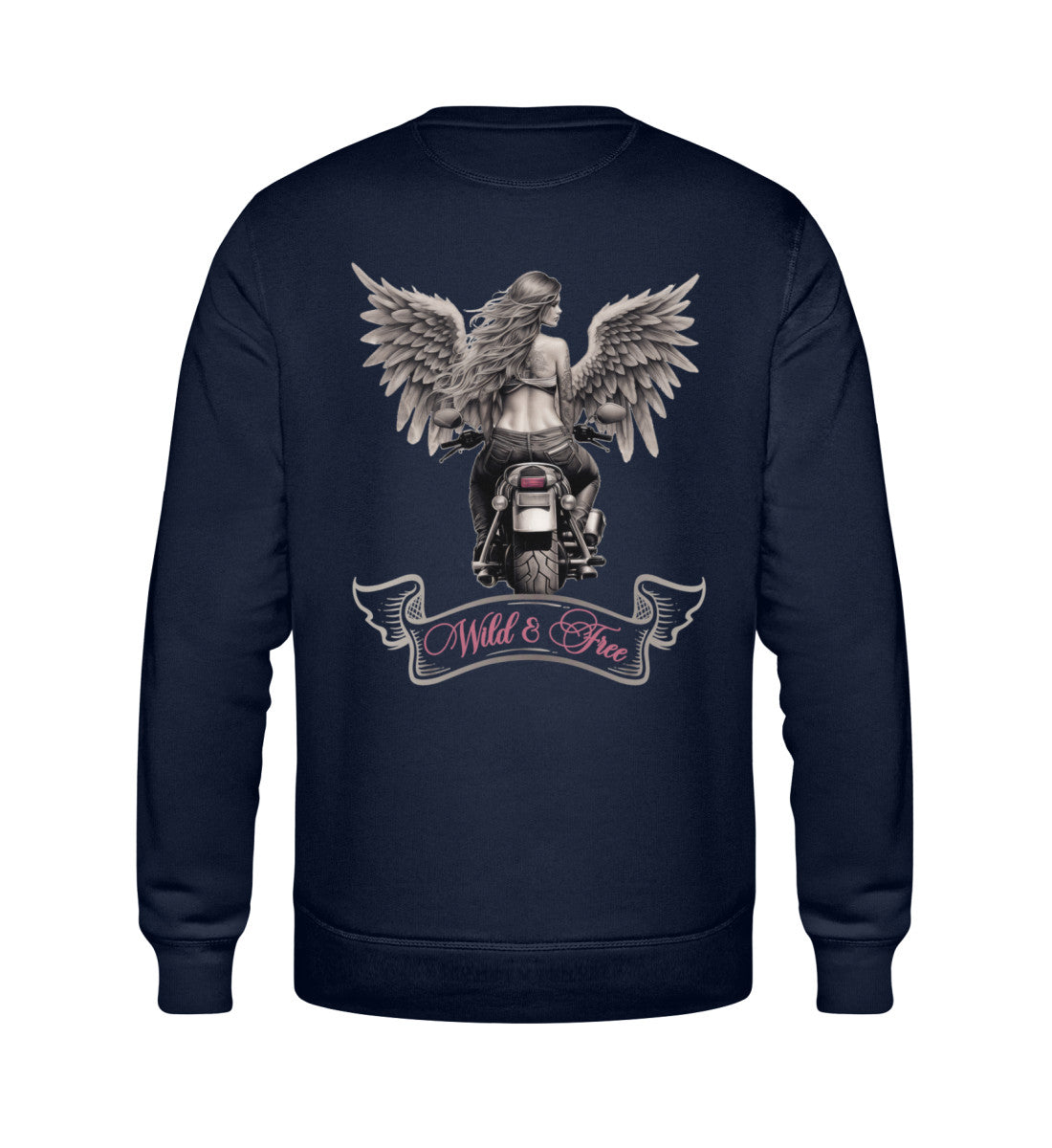 Ein Bikerin Sweatshirt für Motorradfahrerinnen von Wingbikers mit dem Aufdruck, Wild & Free mit Flügeln, als Back Print, in navy blau.