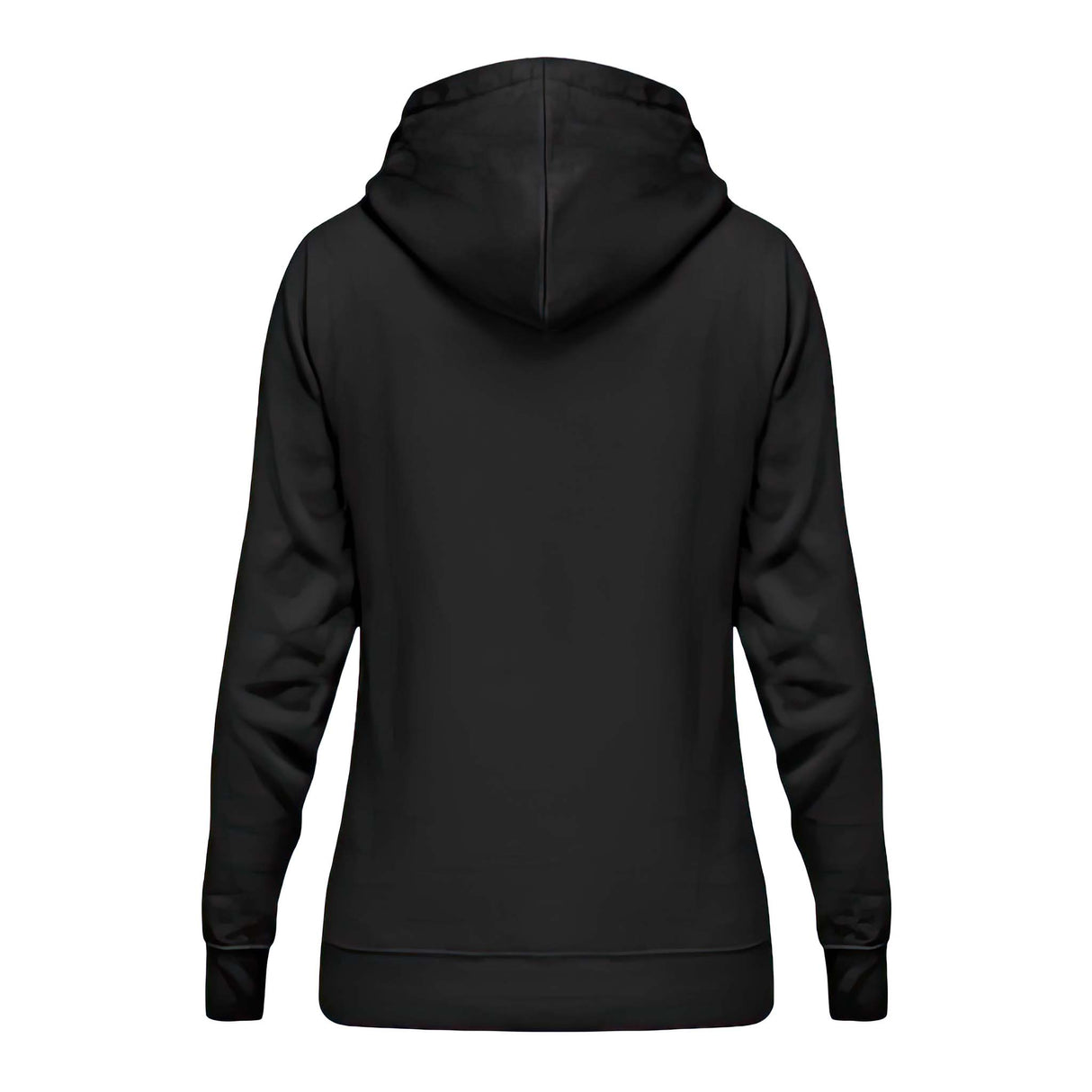 Ein Bikerin Hoodie für Motorradfahrerinnen von Wingbikers mit dem Aufdruck, Du kannst Glück nicht kaufen, aber Wein und ein Motorrad und das ist verdammt nah dran! - in schwarz, Ansicht von hinten.