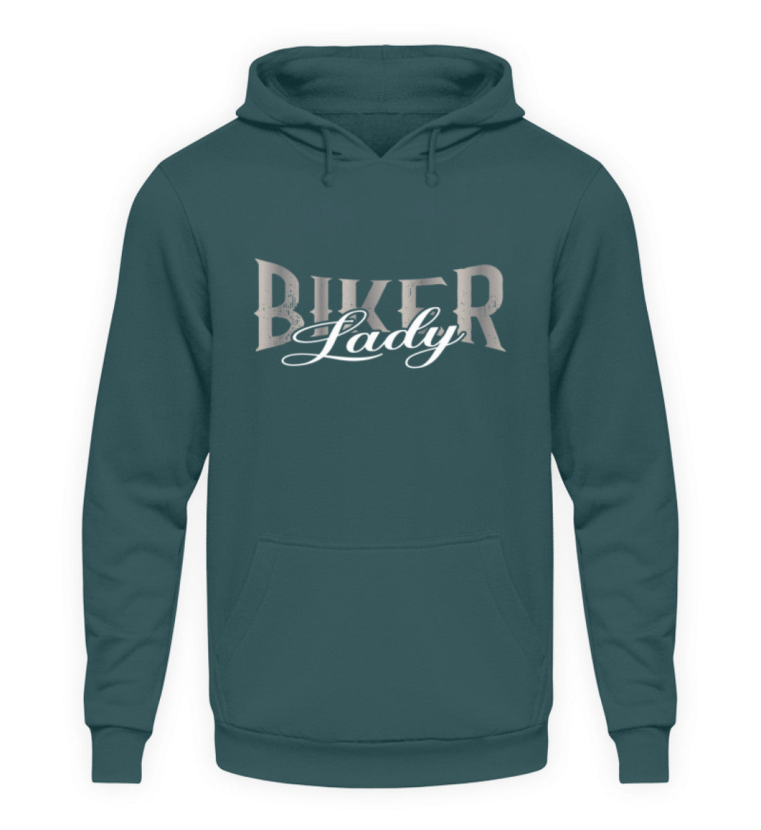 Ein Biker Hoodie für Motorradfahrerinnen von Wingbikers mit dem Aufdruck, Biker Lady, in petrol türkis, leger geschnitten.