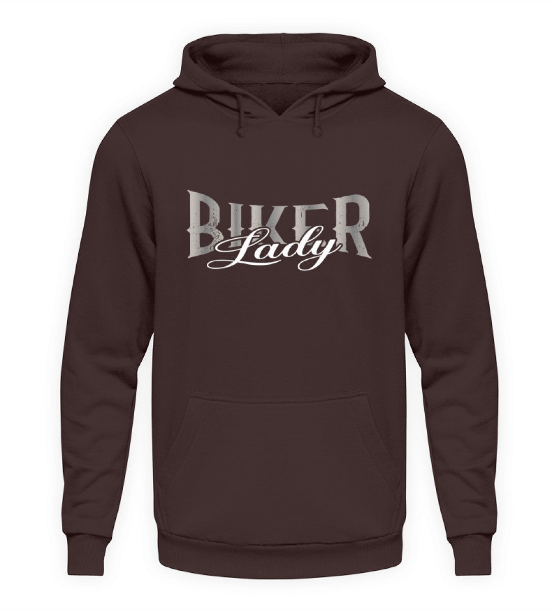 Ein Biker Hoodie für Motorradfahrerinnen von Wingbikers mit dem Aufdruck, Biker Lady, in braun, leger geschnitten.