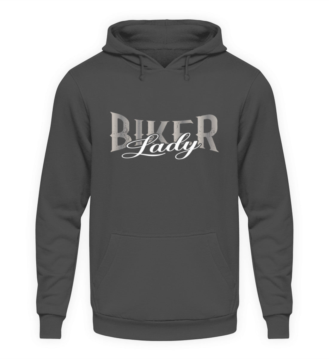 Ein Biker Hoodie für Motorradfahrerinnen von Wingbikers mit dem Aufdruck, Biker Lady, in dunkelgrau, leger geschnitten.