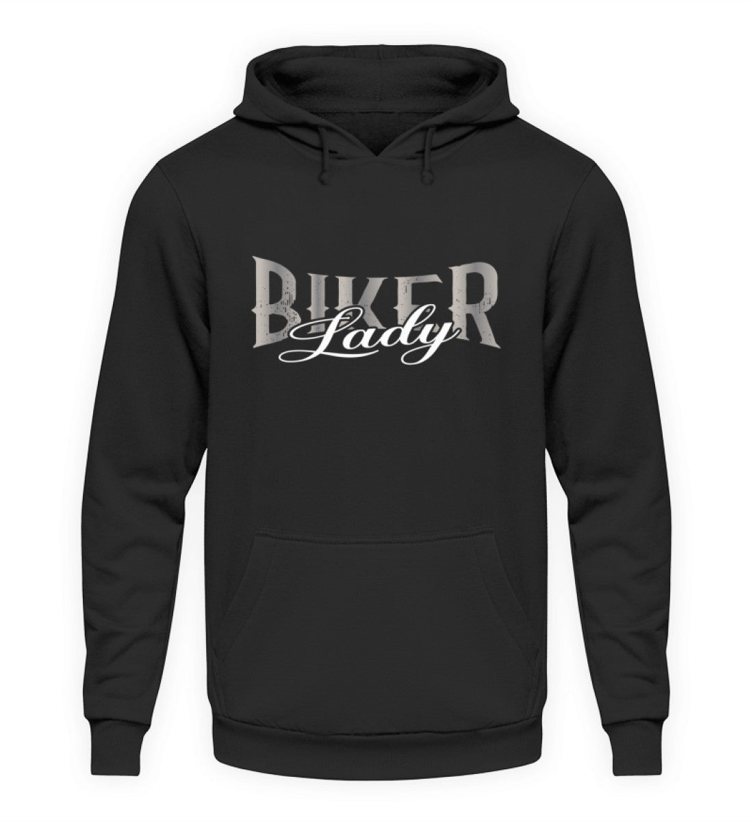 Ein Biker Hoodie für Motorradfahrerinnen von Wingbikers mit dem Aufdruck, Biker Lady, in schwarz, leger geschnitten.