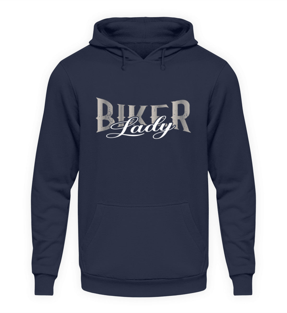 Ein Biker Hoodie für Motorradfahrerinnen von Wingbikers mit dem Aufdruck, Biker Lady, in navy blau, leger geschnitten.