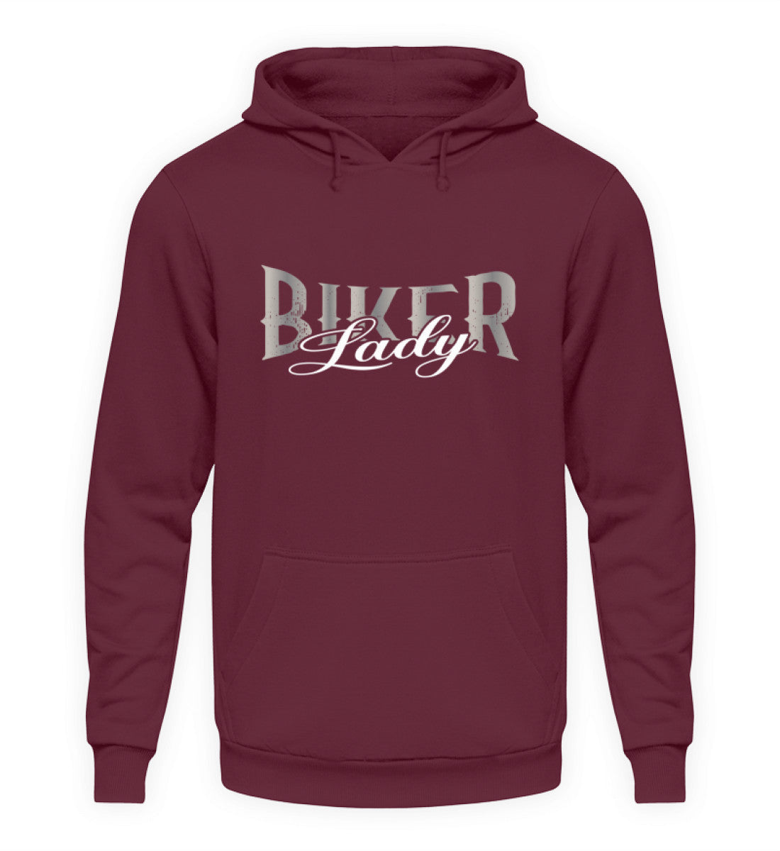 Ein Biker Hoodie für Motorradfahrerinnen von Wingbikers mit dem Aufdruck, Biker Lady, in burgunder weinrot, leger geschnitten.
