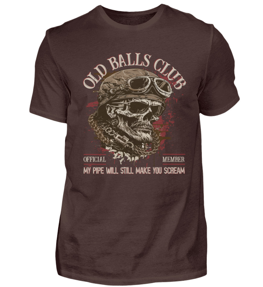 Ein Biker T-Shirt für Motorradfahrer von Wingbikers mit dem Aufdruck, Old Balls Club - My Pipe Will Still Make You Scream, in braun.