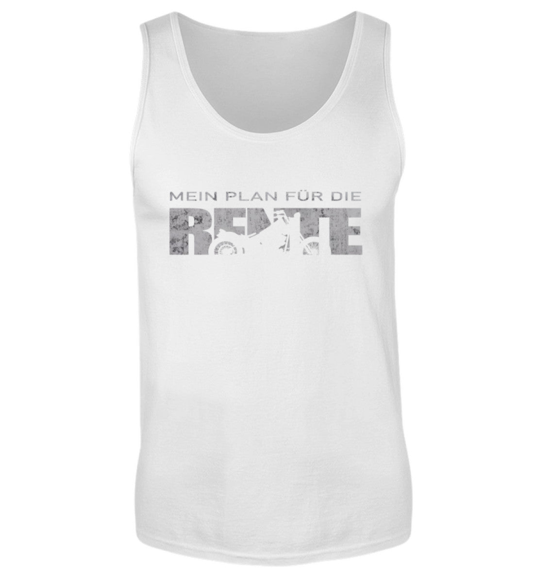 Ein Biker Tanktop für Motorradfahrer von Wingbikers mit dem Aufdruck, Mein Plan für die Rente - in weiß.