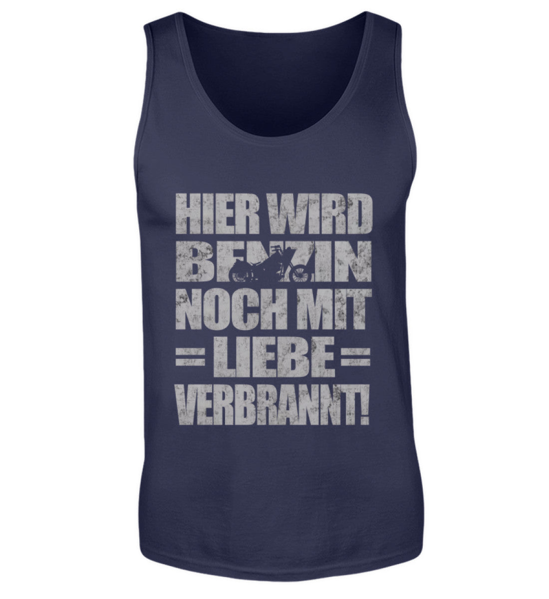 Ein Biker T-Shirt für Motorradfahrer von Wingbikers mit dem Aufdruck, Hier wird Benzin noch mit Liebe verbrannt - in navy blau.