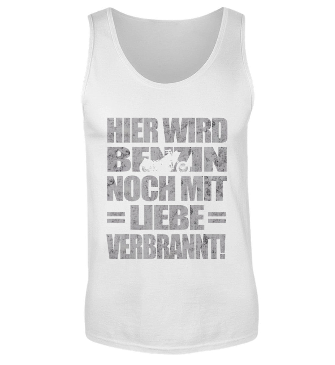 Ein Biker T-Shirt für Motorradfahrer von Wingbikers mit dem Aufdruck, Hier wird Benzin noch mit Liebe verbrannt - in weiß.