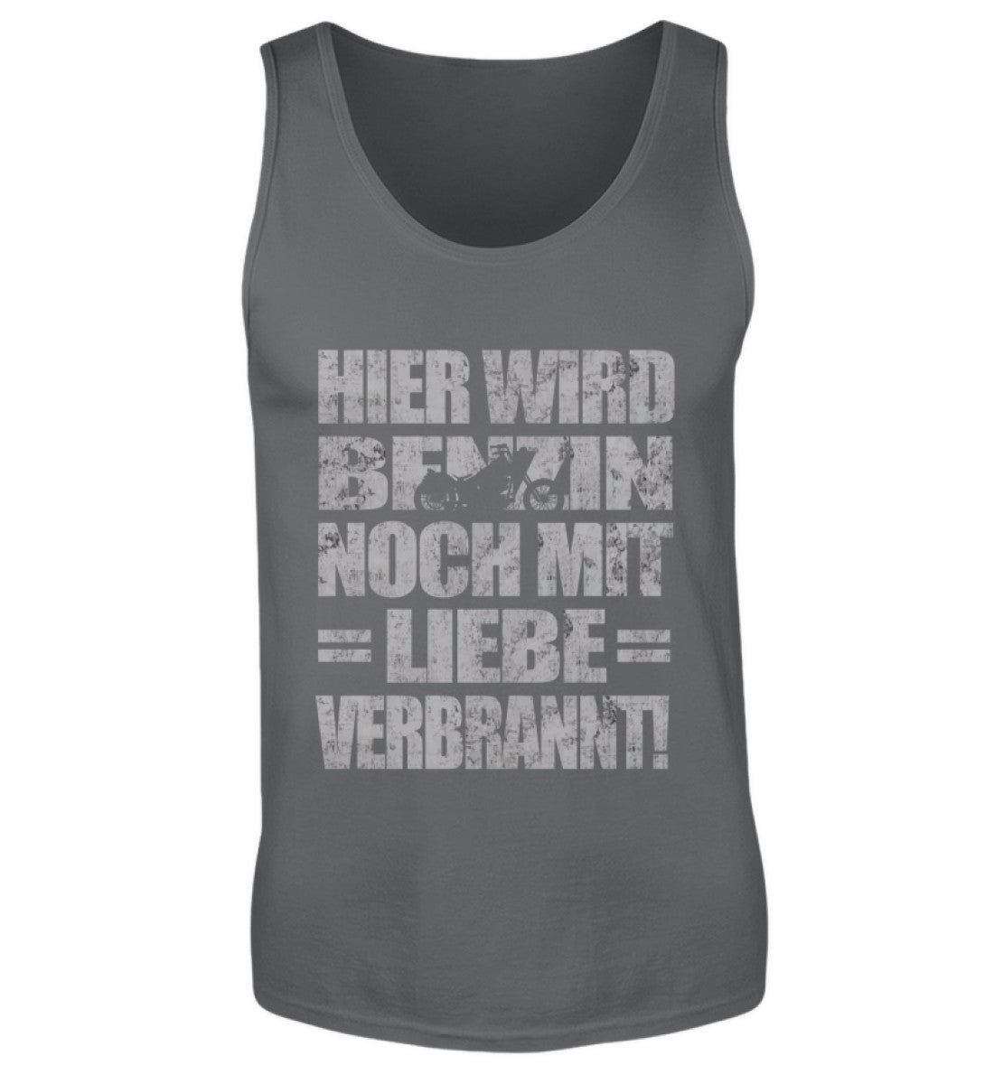 Ein Biker T-Shirt für Motorradfahrer von Wingbikers mit dem Aufdruck, Hier wird Benzin noch mit Liebe verbrannt - in dunkelgrau.