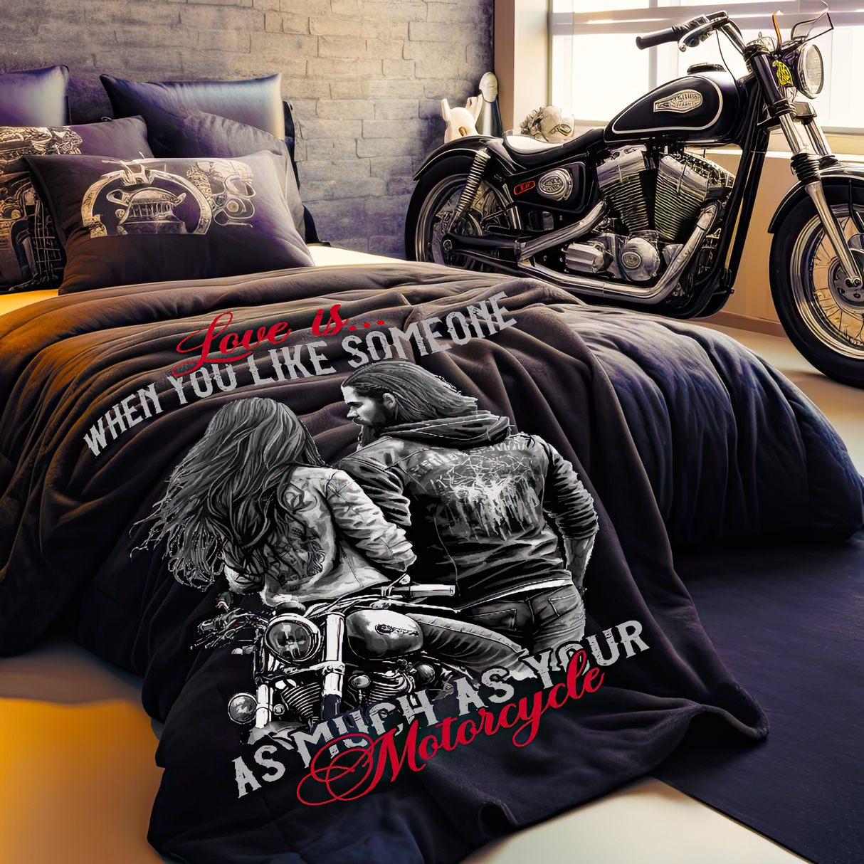 Premium Kuscheldecke von WingBikers mit dem Aufdruck, Love is... When You Like Someone As Much As Your Motorcycle.