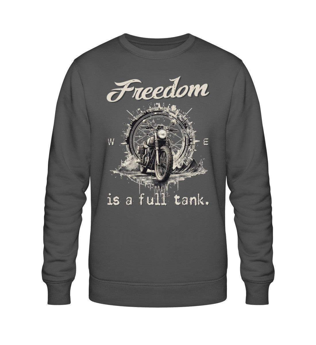 Ein Sweatshirt für Motorradfahrer von Wingbikers mit dem Aufdruck, Freedom Is A Full Tank - Freiheit ist ein voller Tank - mit einem Retro Vintage klassischem Motorrad, in dunkelgrau.