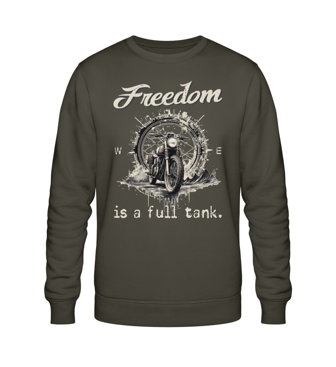 Ein Sweatshirt für Motorradfahrer von Wingbikers mit dem Aufdruck, Freedom Is A Full Tank - Freiheit ist ein voller Tank - mit einem Retro Vintage klassischem Motorrad, in khaki grün.