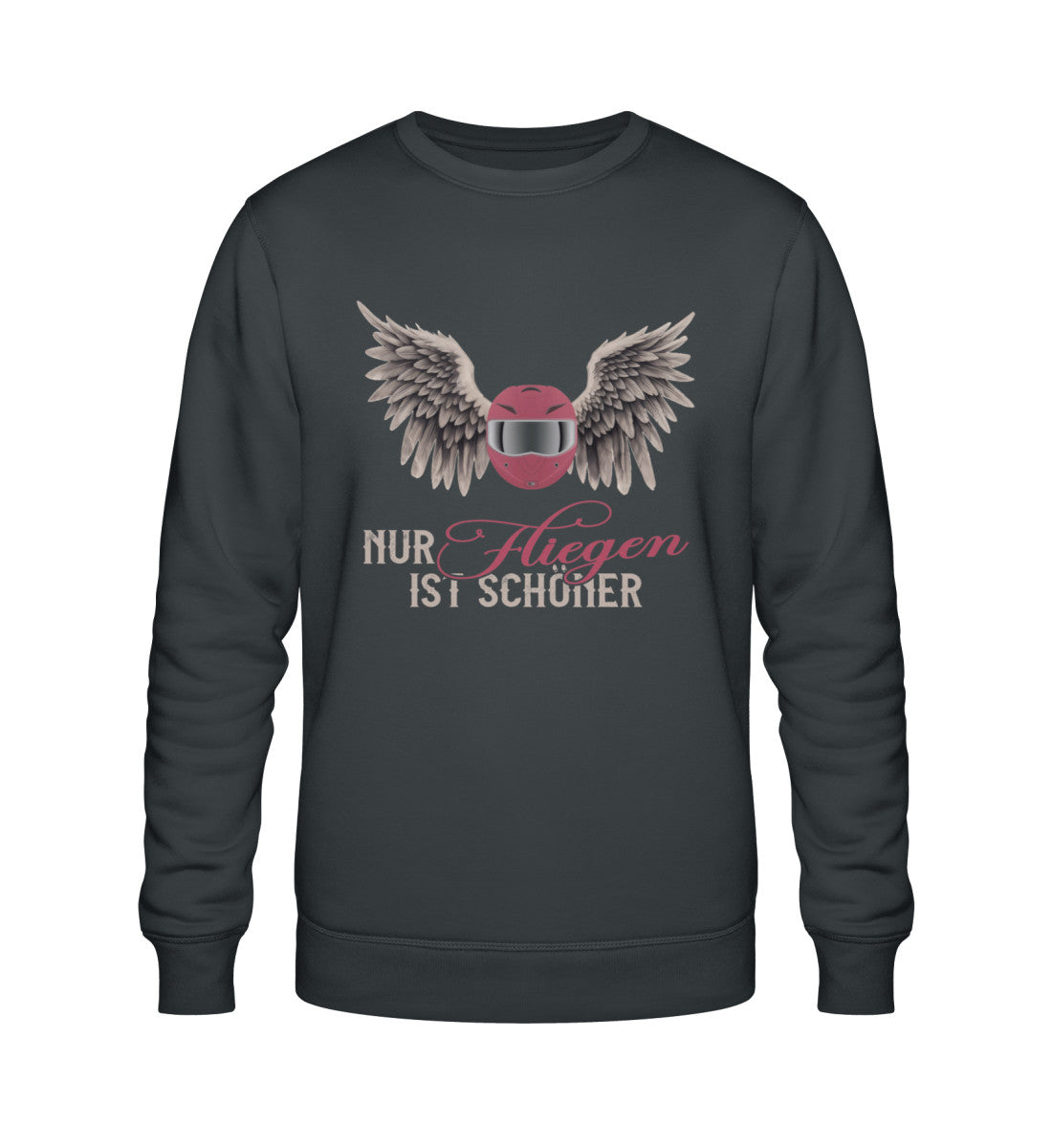 Ein Sweatshirt für Motorradfahrerinnen von Wingbikers mit dem Aufdruck, Nur fliegen ist schöner, in dunkelgrau.