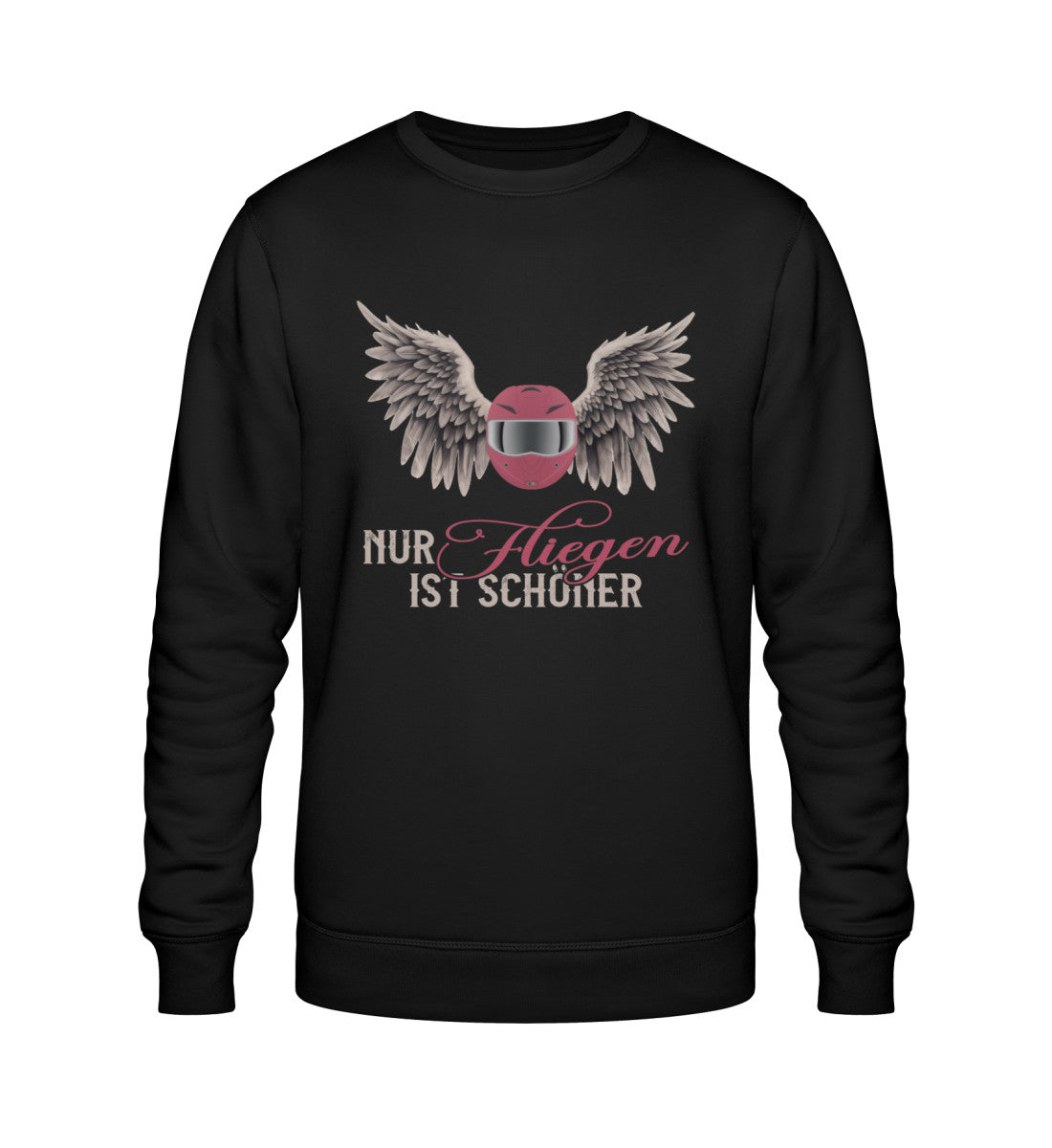Ein Sweatshirt für Motorradfahrerinnen von Wingbikers mit dem Aufdruck, Nur fliegen ist schöner, in schwarz.