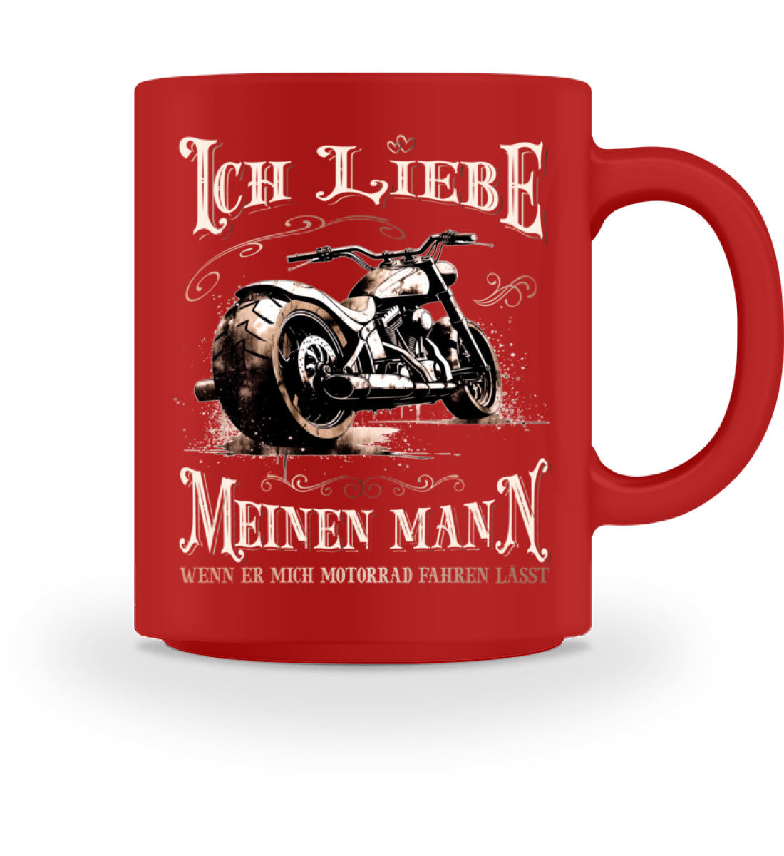 Eine Tasse für Motorradfahrerinnen von Wingbikers, mit dem beidseitigen Aufdruck, Ich liebe meinen Mann, wenn er mich Motorrad fahren lässt! - in rot.