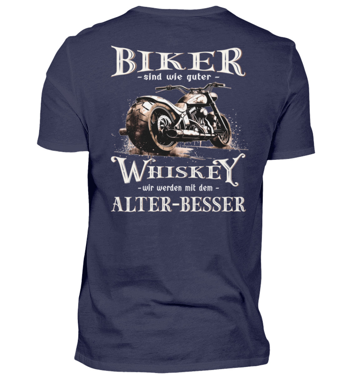 Biker T-Shirt mit einem vintage Aufdruck, Biker sind wie gute Whiskey - wir werden mit dem Alter besser mit Back Print in navy blau.