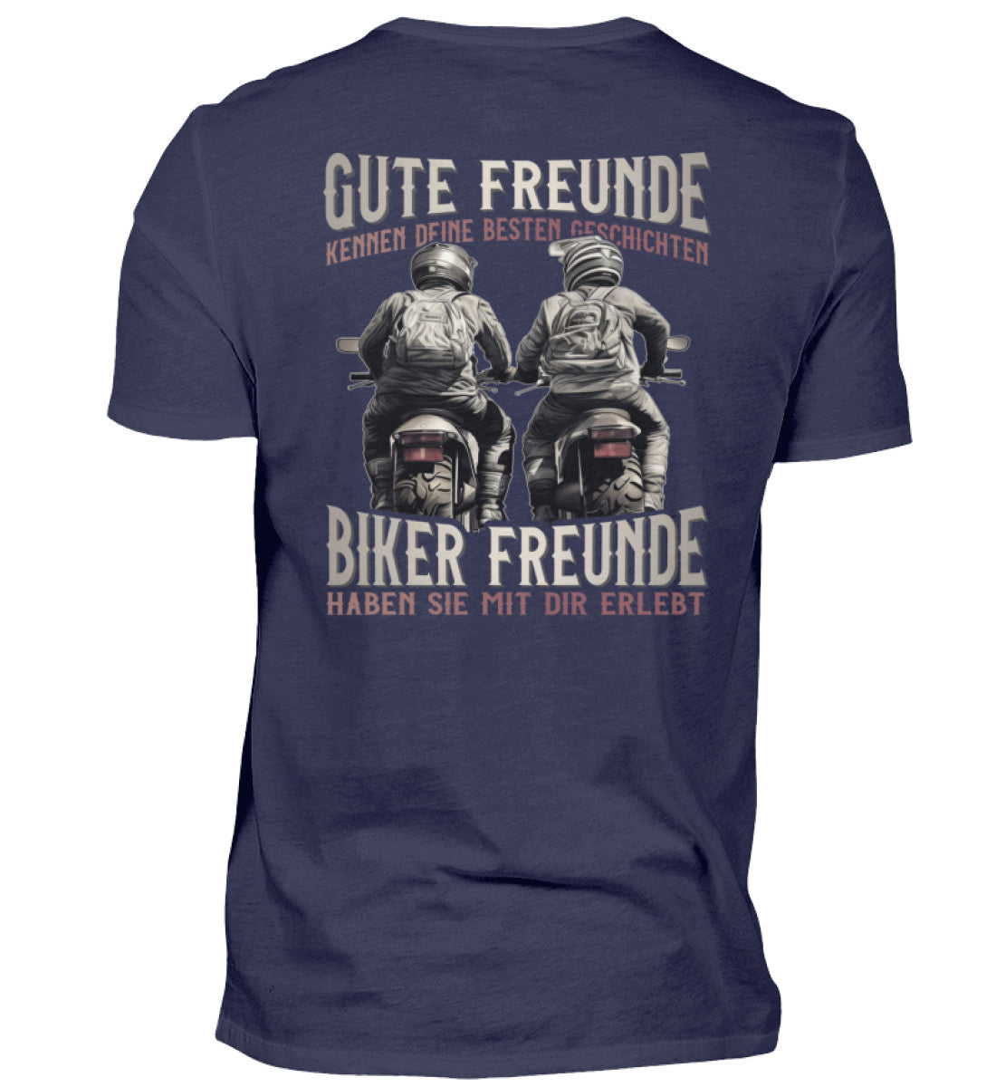Ein T-Shirt von Wingbikers für Motorradfahrer mit dem Aufdruck, Gute Freunde kenne deine Geschichten - Biker haben sie mit dir erlebt, in navy blau.