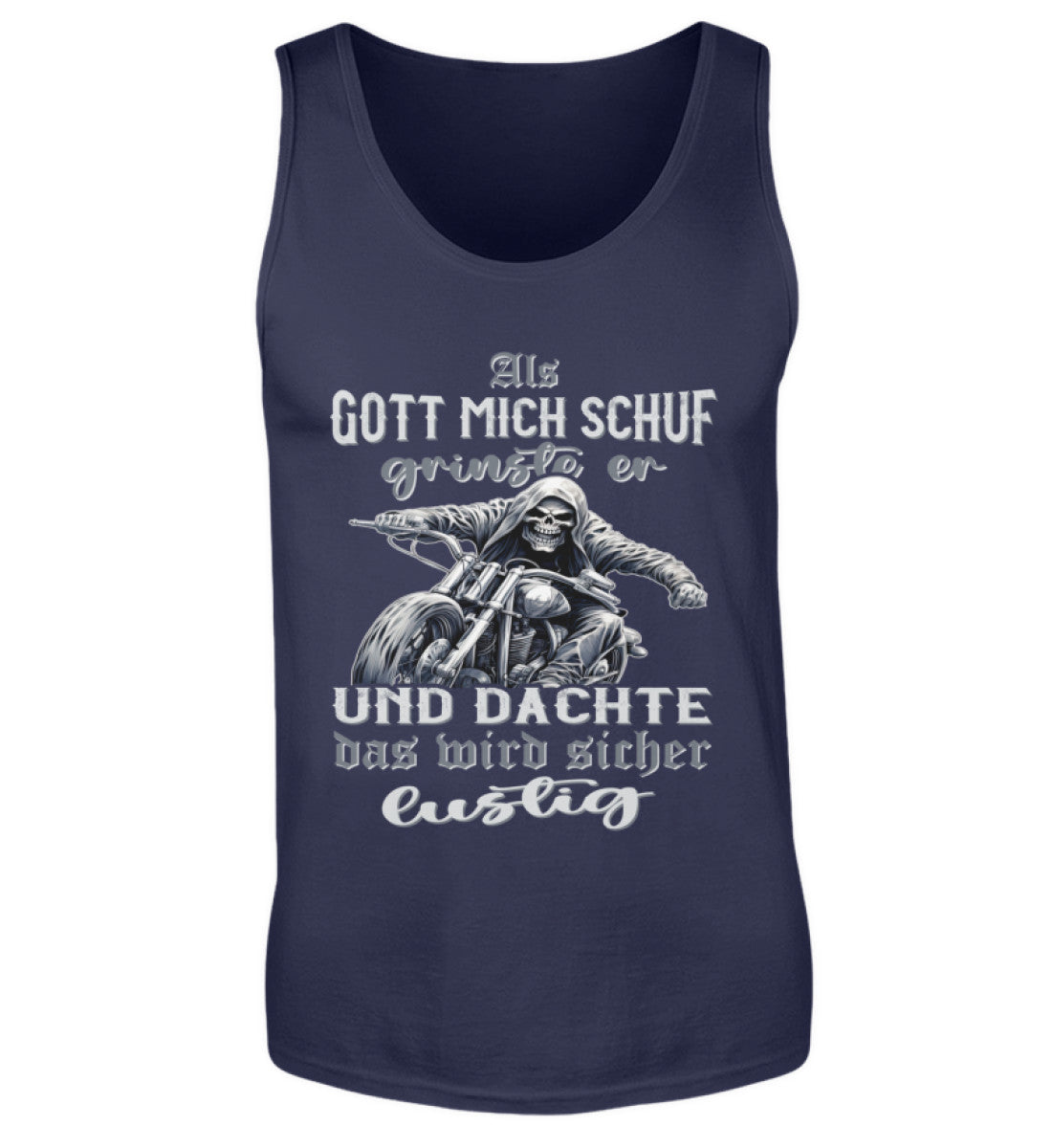 Ein Biker Tanktop für Motorradfahrer von Wingbikers mit dem Aufdruck, Als Gott mich schuf grinste er und dachte, das wird sicher lustig! - in navy blau.