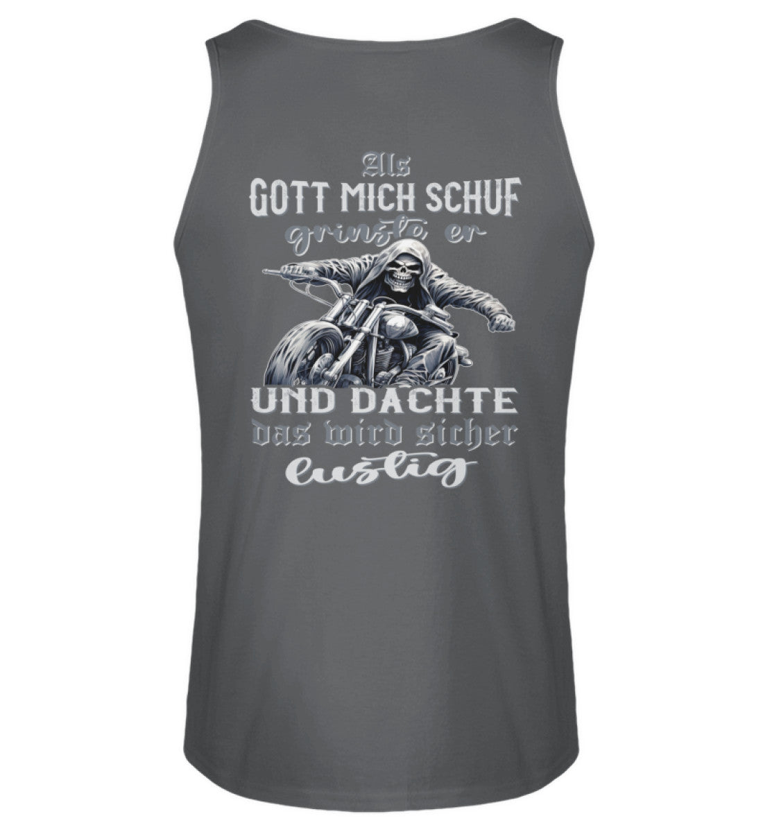 Ein Biker Tanktop für Motorradfahrer von Wingbikers mit dem Aufdruck, Als Gott mich schuf grinste er und dachte, das wird sicher lustig! mit Back Print, in dunkelgrau.