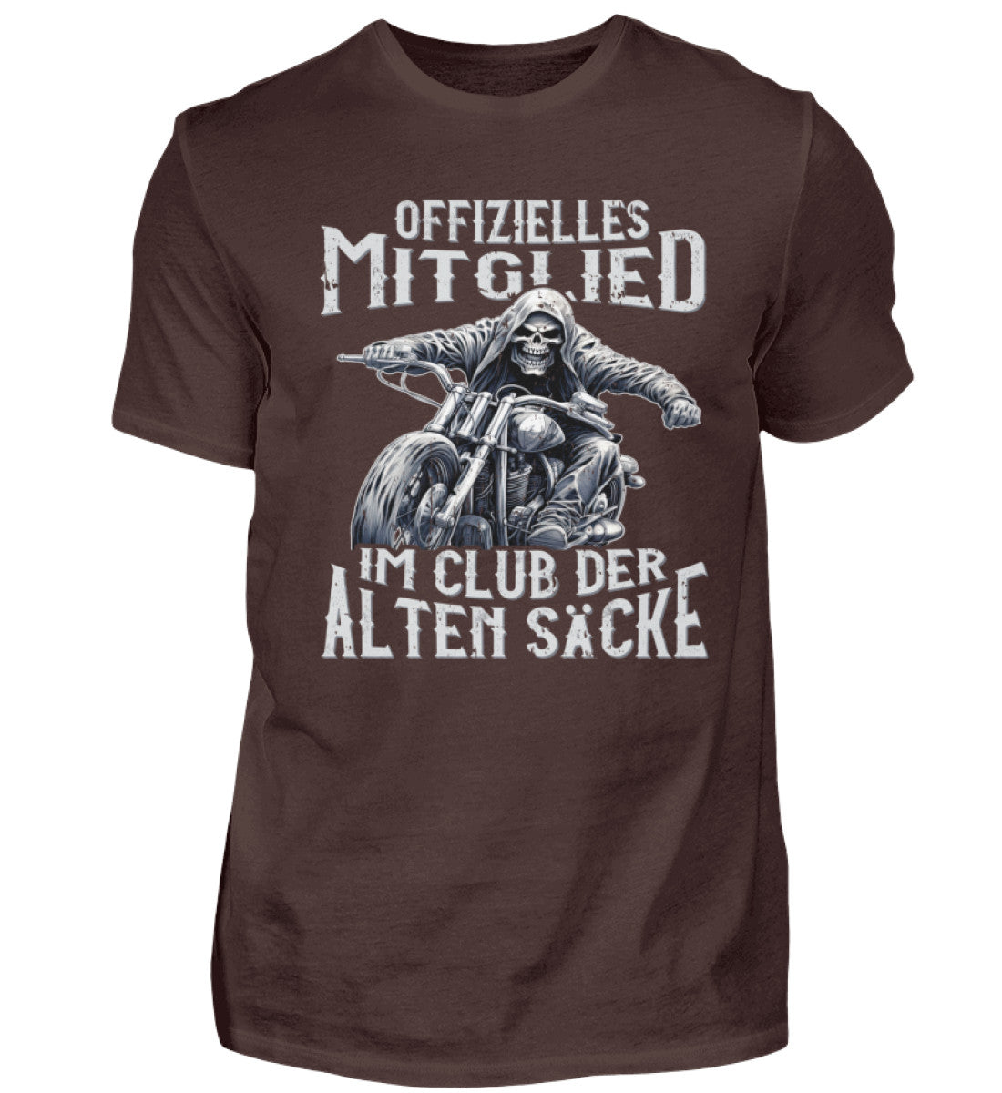 Ein Biker T-Shirt für Motorradfahrer von Wingbikers mit dem Aufdruck, Offizielles Mitglied im Club der alten Säcke, in braun.