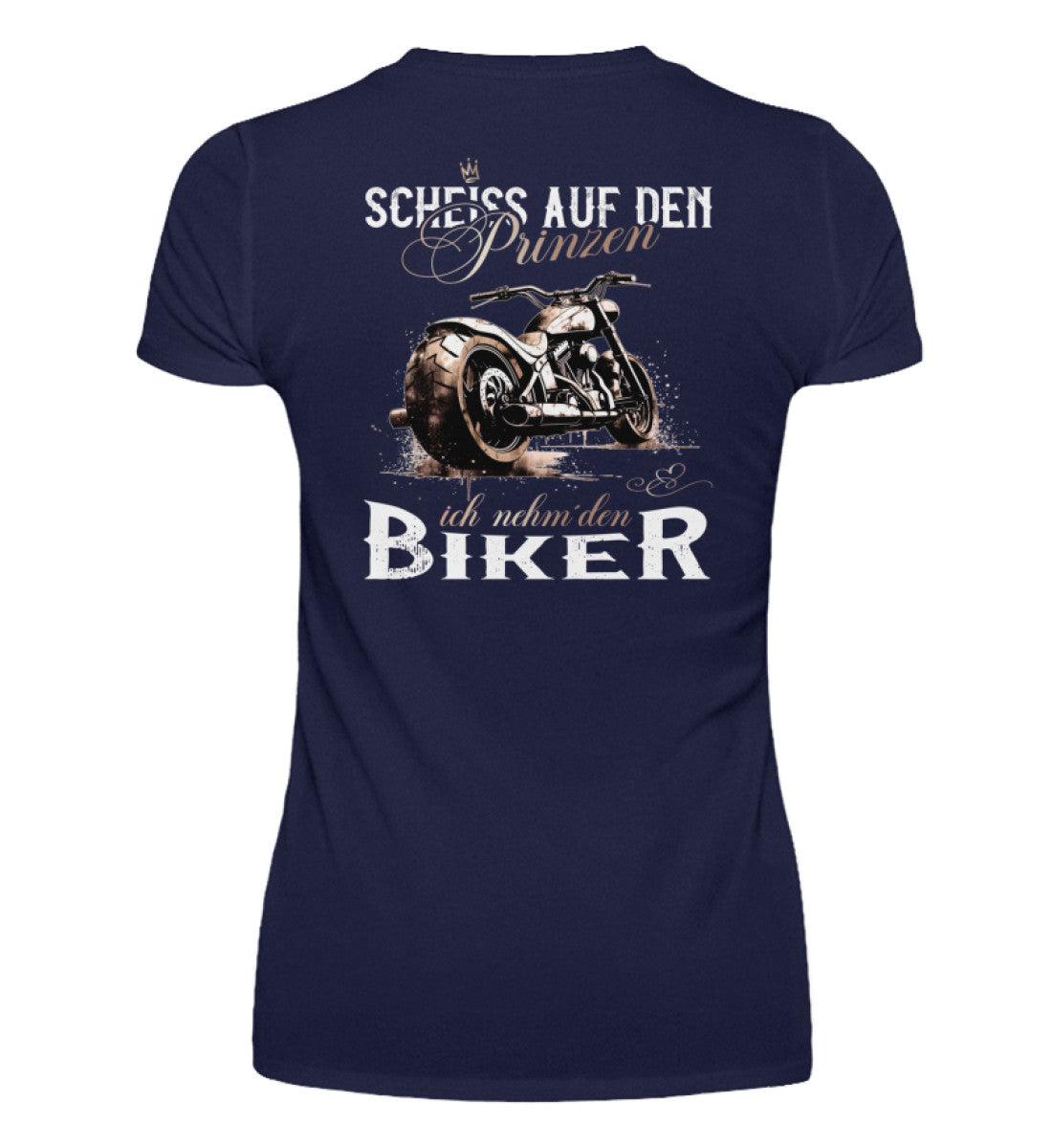 Ein T-Shirt mit V-Ausschnitt für Motorradfahrerinnen von Wingbikers mit dem Aufdruck, Scheiß auf den Prinzen, ich nehm' den Biker, als Backprint in navy blau.