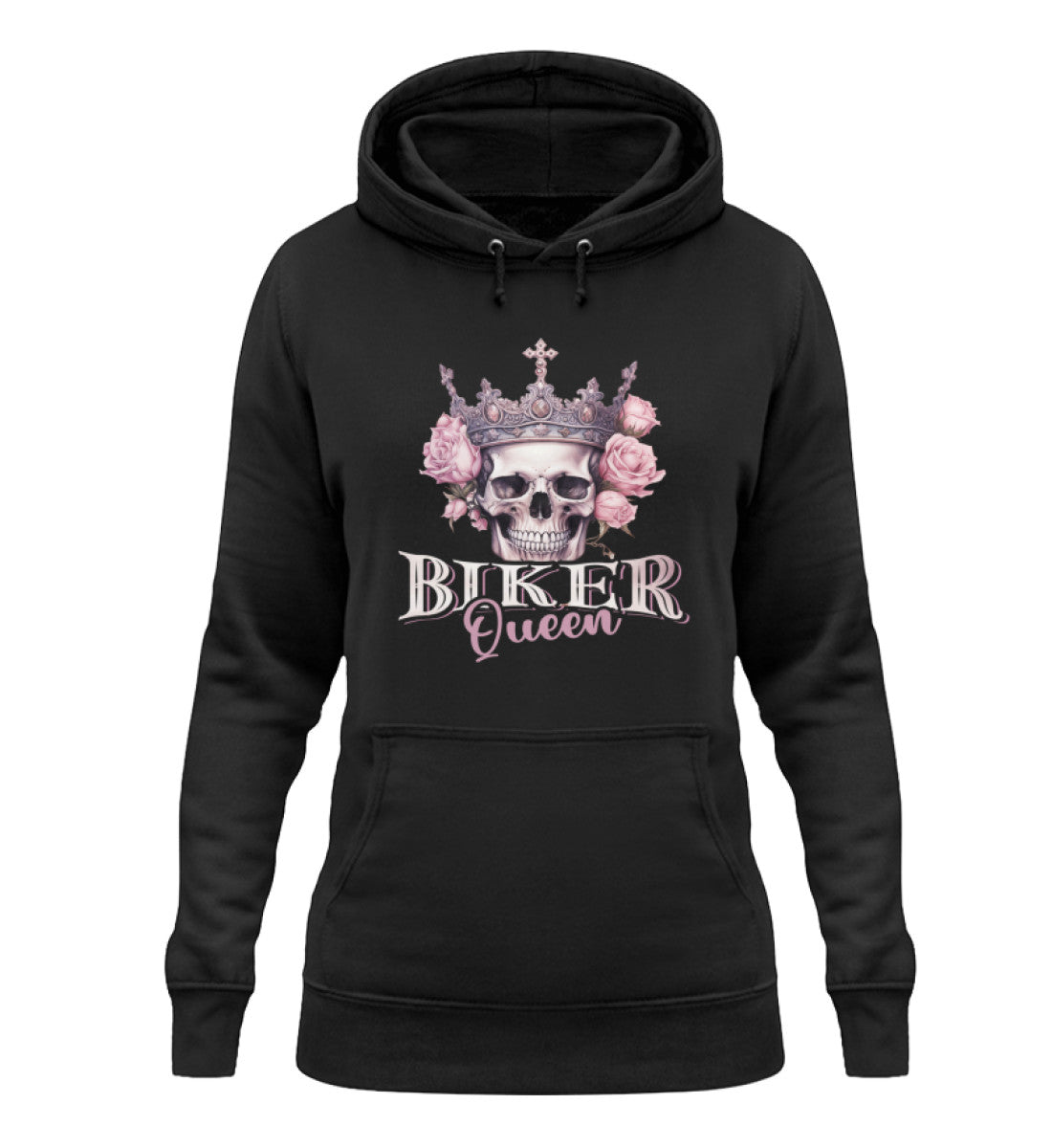 Ein Bikerin Hoodie für Motorradfahrerinnen von Wingbikers mit dem Aufdruck, Biker Queen - in schwarz.