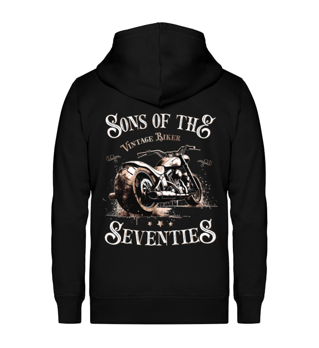Eine Reißverschluss-Jacke für Motorradfahrer von Wingbikers mit dem Aufdruck, Sons of the Seventies - Vintage Biker - in schwarz.