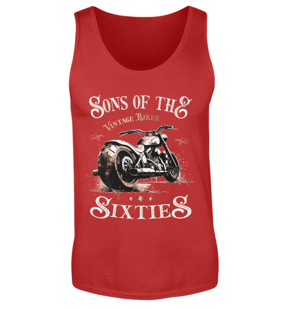 Ein Biker Tanktop für Motorradfahrer von Wingbikers mit dem Aufdruck, Sons of the Sixties - Vintage Biker, in rot.