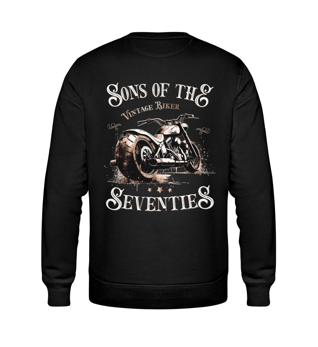 Ein Sweatshirt für Motorradfahrer von Wingbikers mit dem Aufdruck, Sons of the Seventies - Vintage Biker, als Back Print, in schwarz.