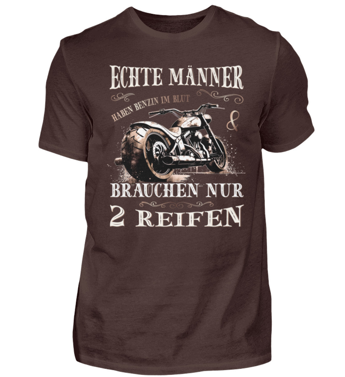 Ein T-Shirt für Motorradfahrer von Wingbikers mit dem Aufdruck, Echte Männer brauchen nur 2 Reifen, in braun.