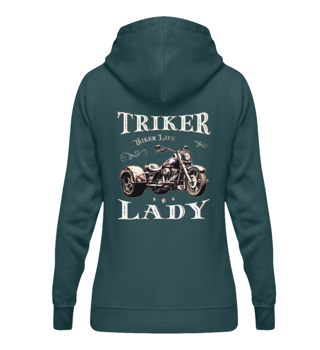 Ein Damen Hoodie für Trike Fahrerinnen von Wingbikers mit dem Aufdruck, Triker Lady - Triker Life, im vintage Stil, als Back Print, in petrol türkis.