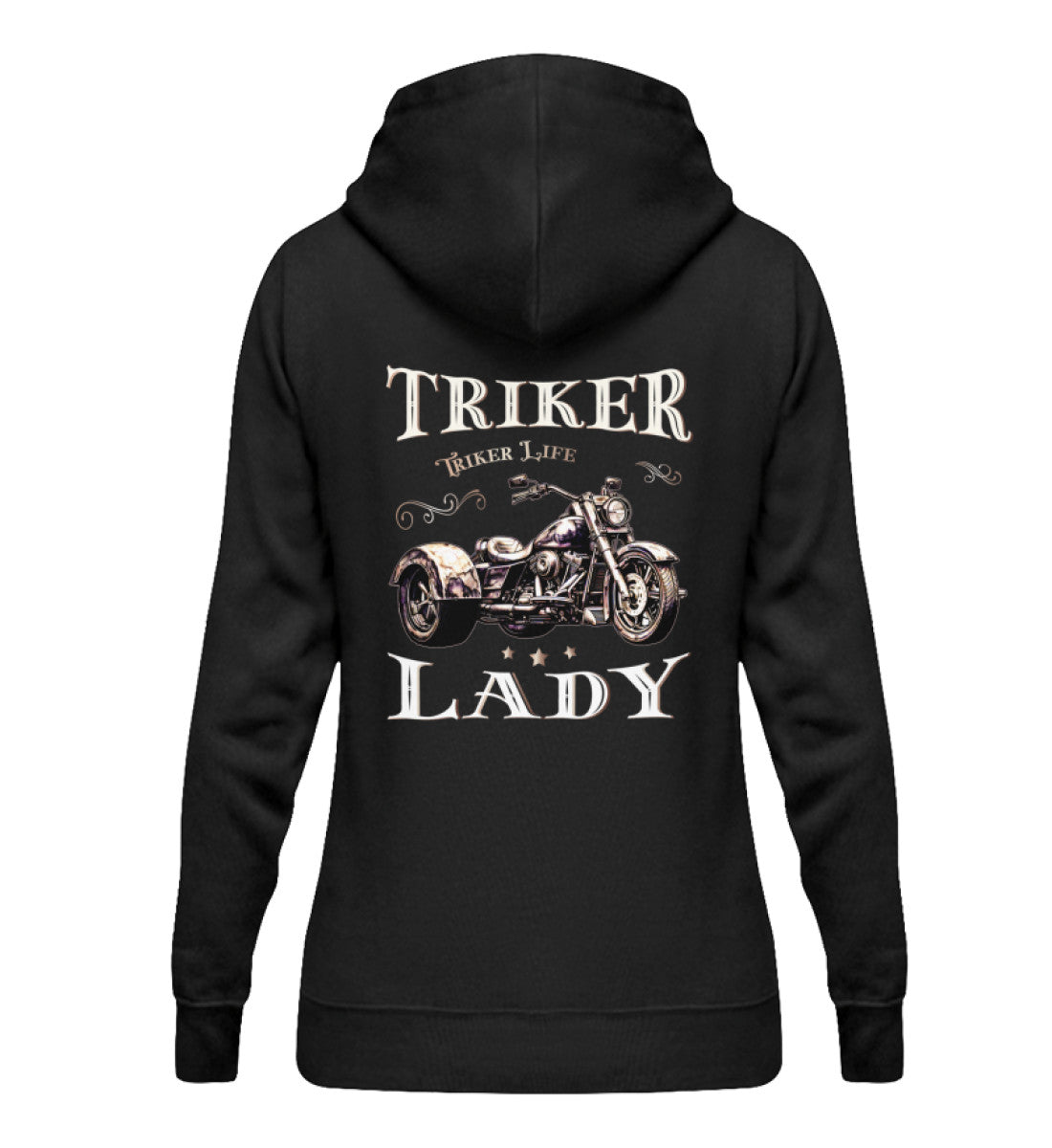 Ein Damen Hoodie für Trike Fahrerinnen von Wingbikers mit dem Aufdruck, Triker Lady - Triker Life, im vintage Stil, als Back Print, in schwarz.
