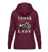 Ein Damen Hoodie für Trike Fahrerinnen von Wingbikers mit dem Aufdruck, Triker Lady - Triker Life, im vintage Stil, als Back Print, in burgunder weinrot.