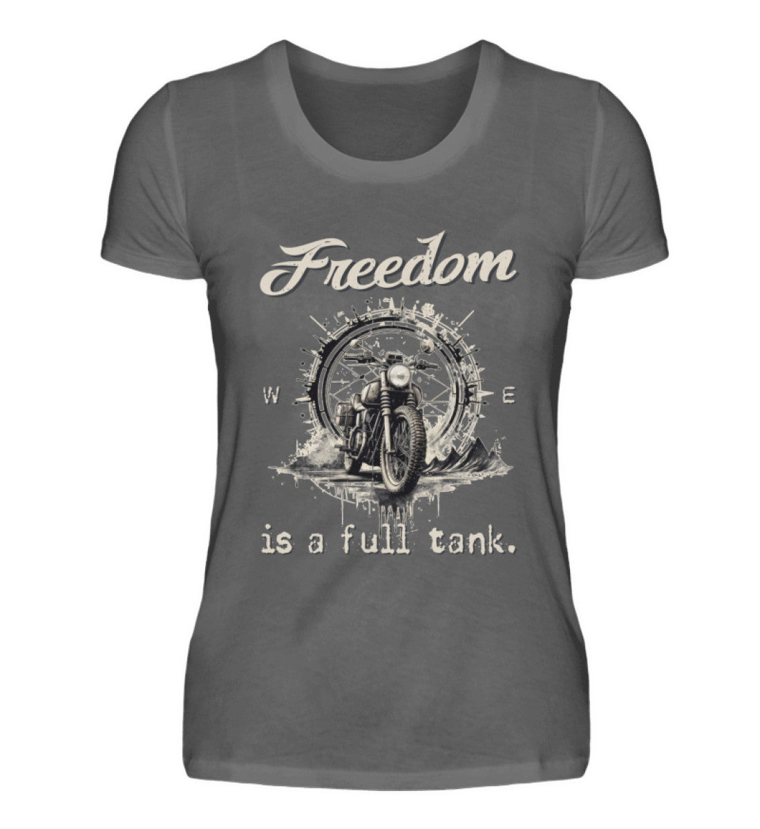 Ein T-Shirt für Motorradfahrerinnen von Wingbikers mit dem Aufdruck, Freedom Is A Full Tank - Freiheit ist ein voller Tank - mit einem Retro Vintage klassischem Motorrad, in dunkelgrau.