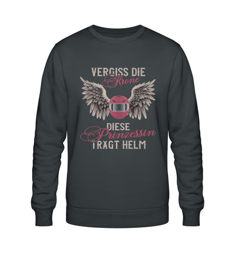 Ein Sweatshirt für Motorradfahrerinnen von Wingbikers mit dem Aufdruck, Vergiss die Krone - Diese Prinzessin trägt Helm, in dunkelgrau.