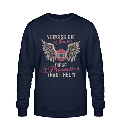 Ein Sweatshirt für Motorradfahrerinnen von Wingbikers mit dem Aufdruck, Vergiss die Krone - Diese Prinzessin trägt Helm, in navy blau.