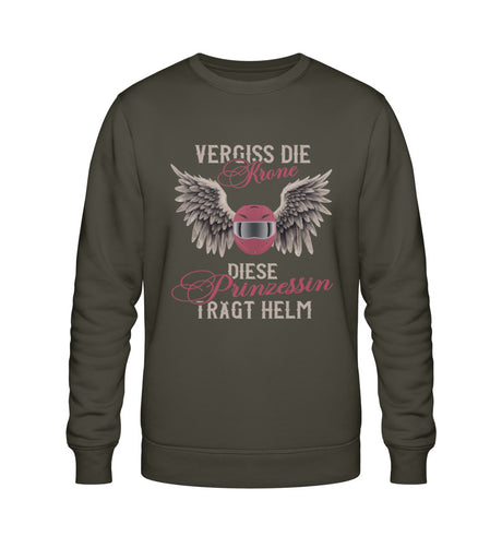 Ein Sweatshirt für Motorradfahrerinnen von Wingbikers mit dem Aufdruck, Vergiss die Krone - Diese Prinzessin trägt Helm, in khaki grün.