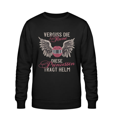 Ein Sweatshirt für Motorradfahrerinnen von Wingbikers mit dem Aufdruck, Vergiss die Krone - Diese Prinzessin trägt Helm, in schwarz.